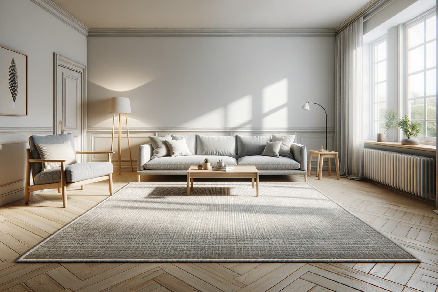 Matta 200x300 cm i vardagsrum med rak soffa – rätt storlek för medelstort rum