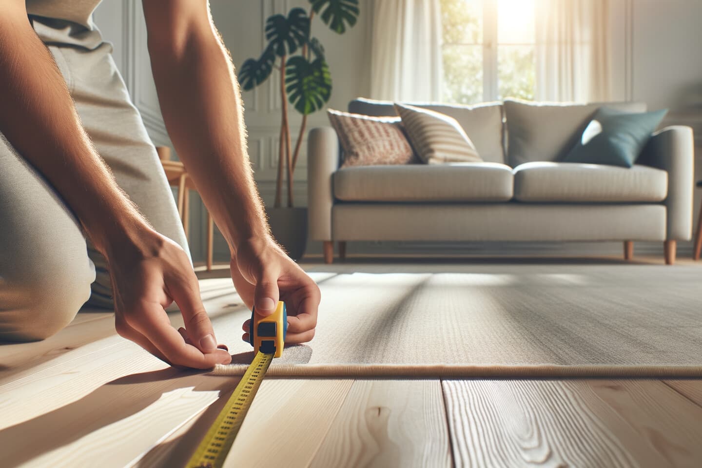 Person mäter vardagsrum med måttband för att välja rätt storlek matta