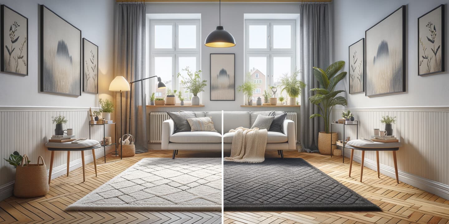 Jämförelse: för liten matta vs rätt storlek matta under soffa i vardagsrum