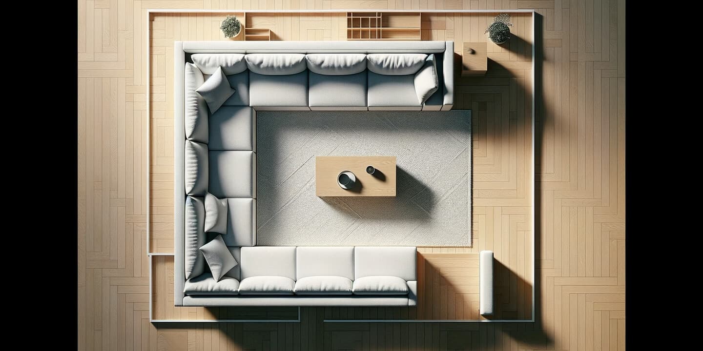 L-formad soffa med rektangulär matta – korrekt placering med framben på mattan