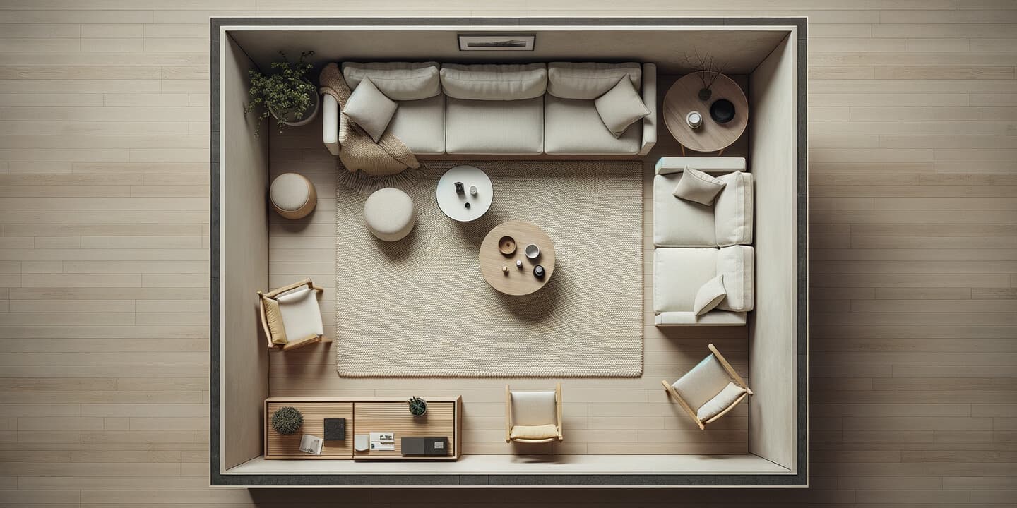 Litet vardagsrum ovanifrån med 200x300 cm matta under soffa och soffbord