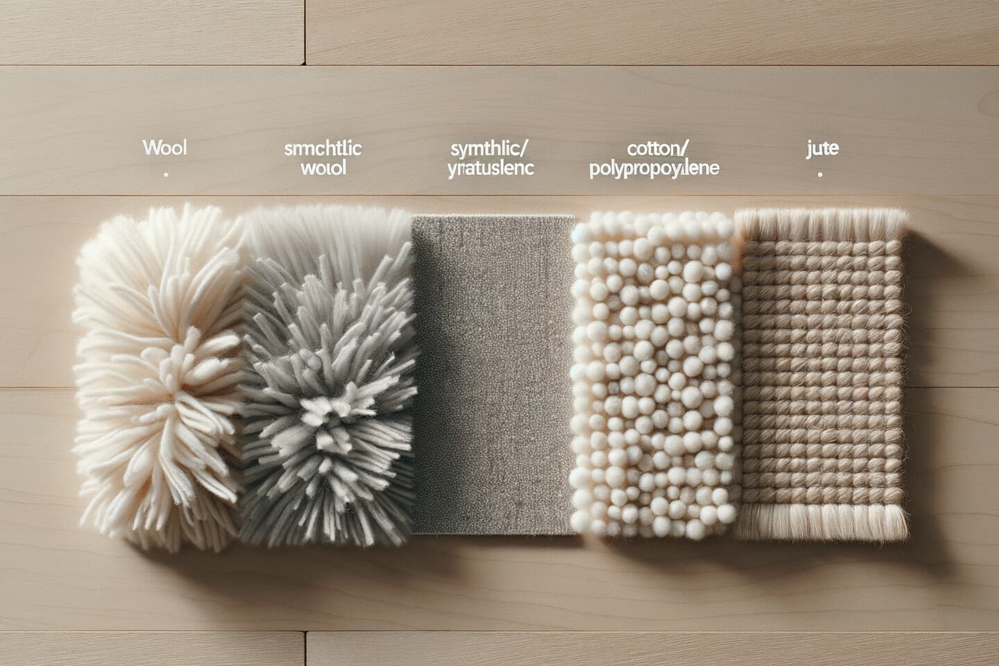 Olika mattmaterial jämförda – ull, syntet, bomull och jute texturer i närbild