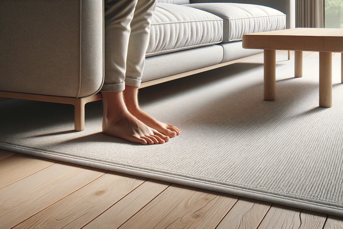 Korrekt placering av matta under soffgrupp i vardagsrum – framben på mattan