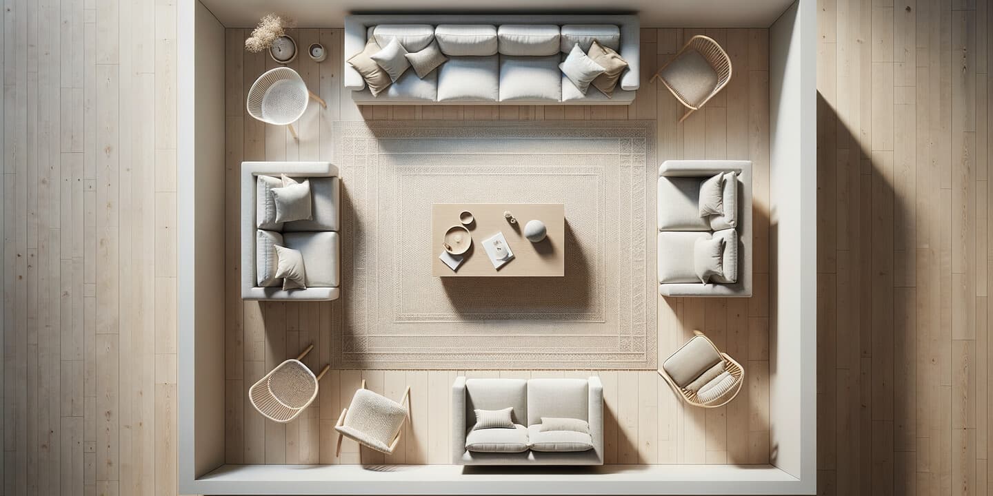 Ovanifrån: korrekt mattplacering under soffgrupp med alla framben på mattan