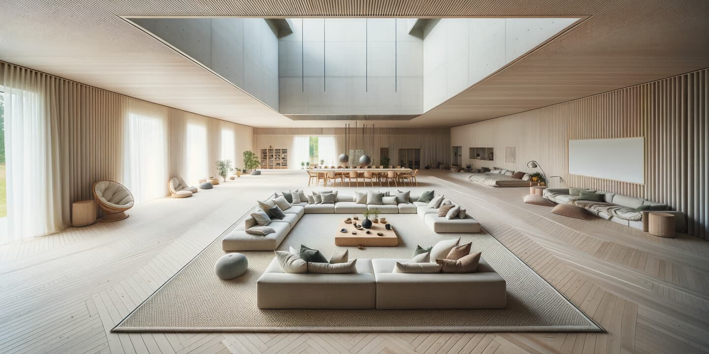 Stort vardagsrum med zonindelning – matta under soffgrupp skapar rum i rummet