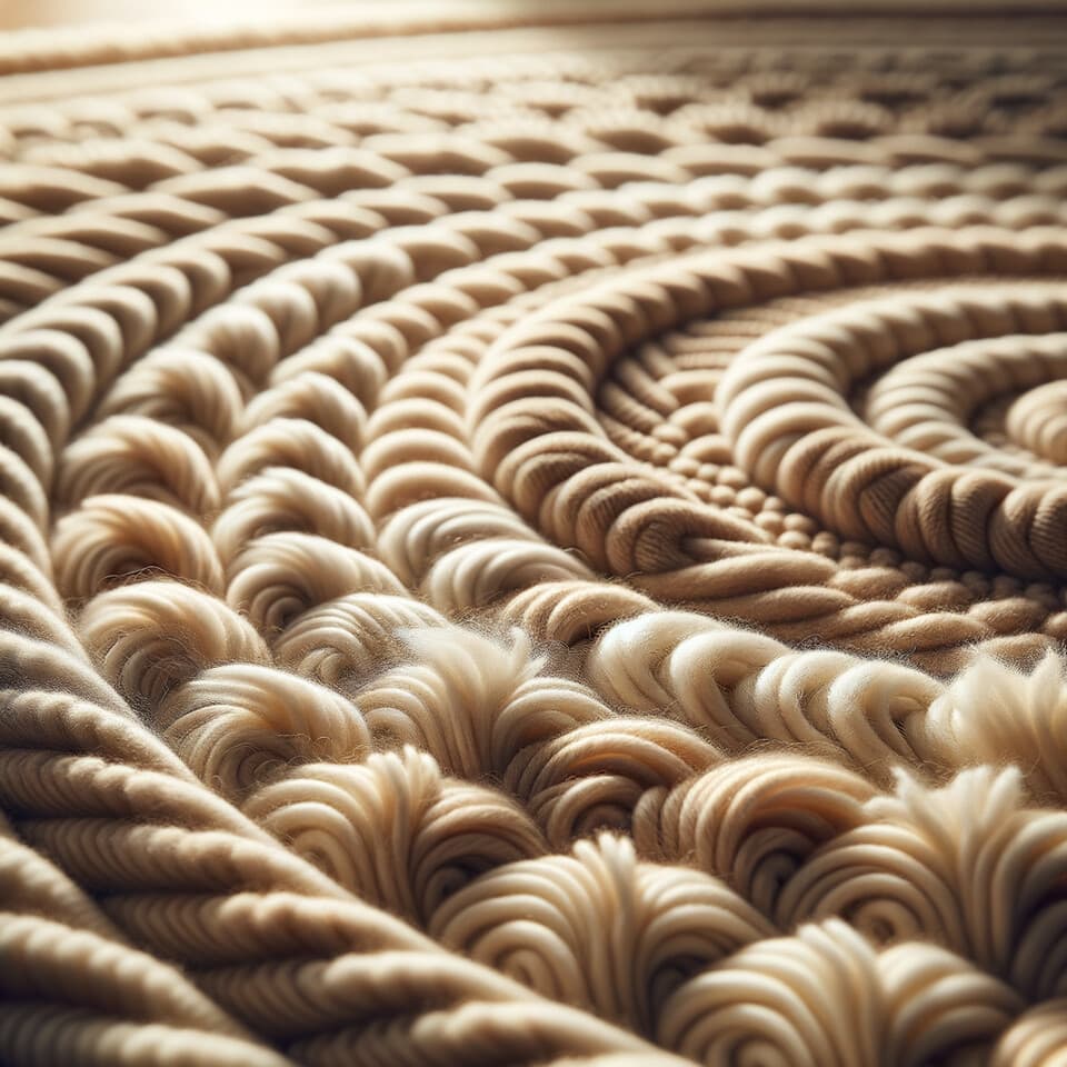 Närbild på ullmattans textur – tjocka fibrer i naturlig färg