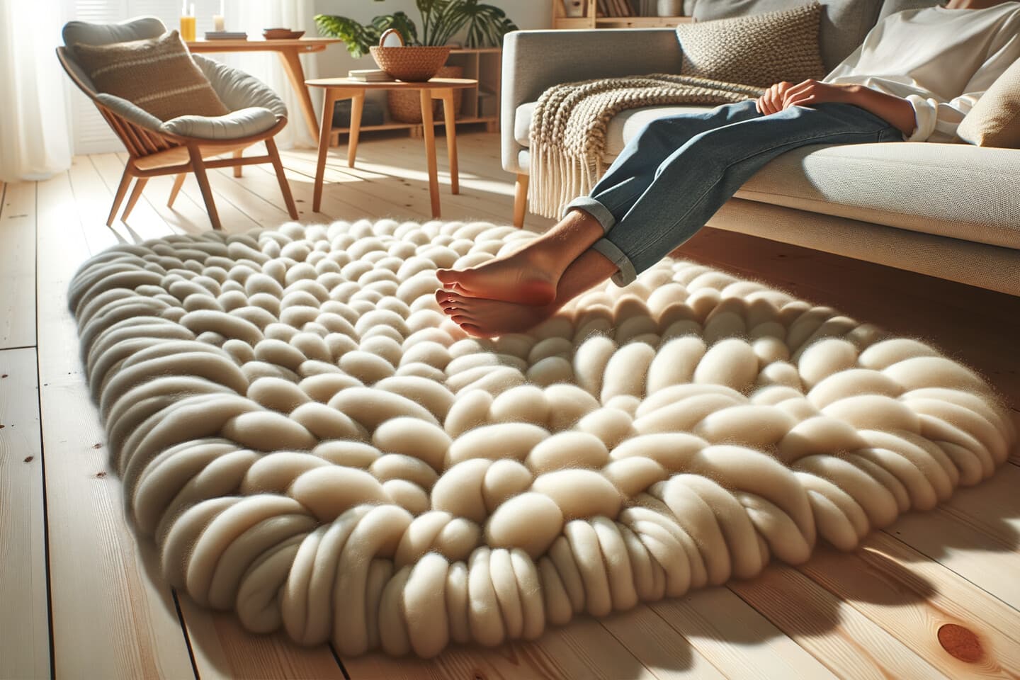 Ullmatta i vardagsrum – mjuk textur och naturlig känsla under soffa